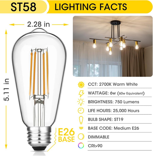 Vintage LED Edison Bulbs 6W, Equivalent 60W Incandescent, Warm White 2700K, ST58 Antique LED Filament Bulbs with 90+ CRI, E26 Medium Base,Dimmable...