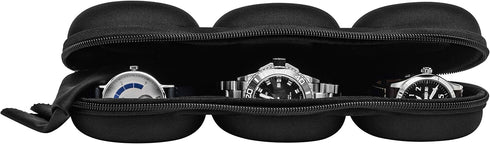 Triple Watch Travel Case Storage Organizer For 3 Watches | Tough Portable Protection w/Zipper Fits All Wristwatches & Smart Watches Up To 50mm (Bl...