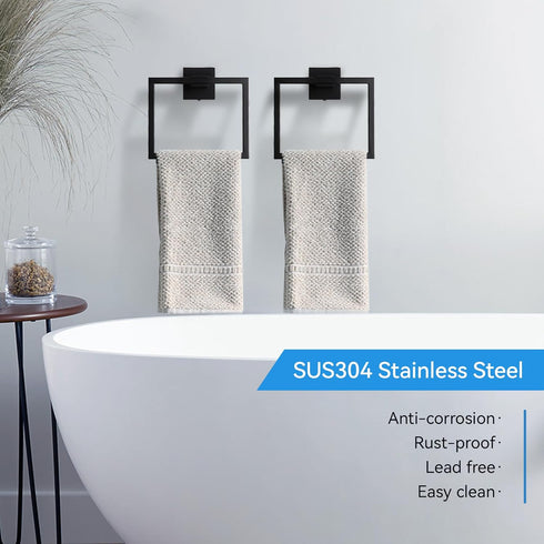 Hand Towel Holder for Bathroom Wall Mount Matte Black Square Hand Towel Rings for Bathroom Hardware Accessories Kitchen Toilet SUS 304 Stainless S...