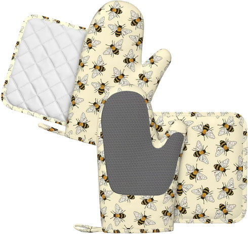 Happy Busy Bees Oven Mitts and Pot Holders Sets Silicone Bees Kitchen Mitts Bees Potholders Heat Resistant 4Pcs Bees Oven Gloves Hot Pads for Kitc...