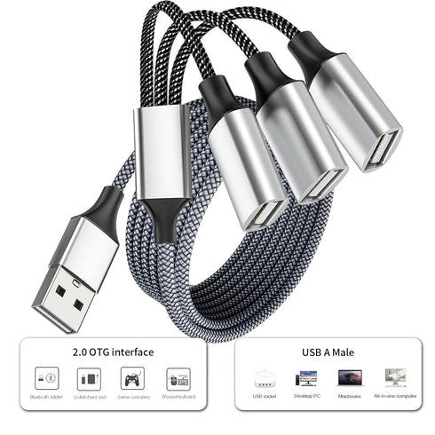 6.6Ft Long USB Cable, USB Extension Cable 1 Male to 3 Female USB Adapter Compatible with Webcam, Camera, Phone, USB hub, Mouse, Keyboard, Printer,...