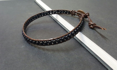 Infinityee888 Onyx Bead Anklet bracelet 10-10.5 inches woven with Leather cord beautiful handmade hippie bohemian Unisex Anklet Gift Idea for Both...