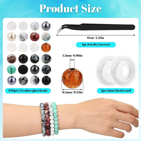 840pcs 8mm Glass Beads for Jewelry Making, 24 Colors Glass Beads for Bracelet Making, Marble Round Loose Beads for Men Women Bracelet Earring Neck...