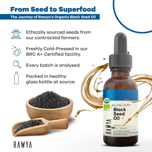 Black Seed Oil, Organic, 1.7 Fl Oz, RAWYA, Unrefined, Premium, High TQ, Cold Pressed, Glass Bottle, Nigella Sativa Oil, Non-GMO, Black Cumin Seed ...