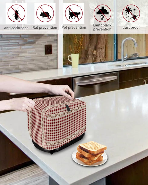 Country Star Berry Red Buffalo Plaid Soft Washable 2 Slice Toaster Dust Cover with Pockets, Dust-proof and Fingerprint Protection...