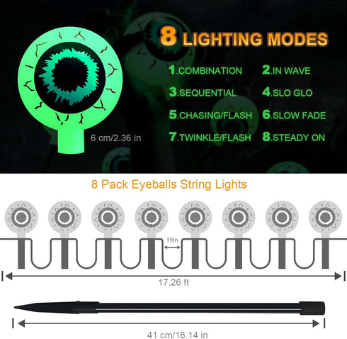 Halloween Decorations Outdoor, Solar Eyeball String Lights 8 Pack, 3D Scary White Eyeballs with Green Light 8 Lighting Modes, IP65 Waterproof Path...