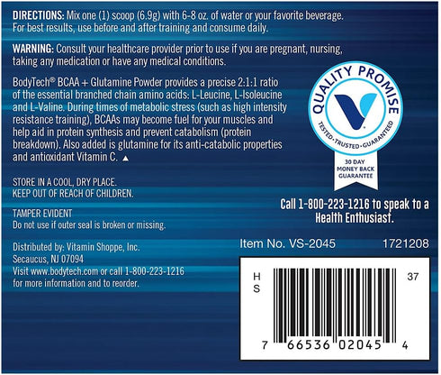 BODYTECH BCAA + Glutamine Powder Unflavored, Supports Muscle Recovery, Endurance, Post-Workout Repair, Hydration, Immune Health, and Lean Muscle G...