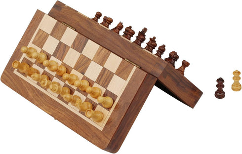 Magnetic Travel Chess Board Set - Classic Wood Staunton 7 X 7 Inch Pocket Chess Set with Folding Game Board Handmade in Fine Rosewood...