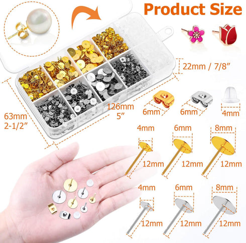 Hypoallergenic Earring Posts and Backs, Caffox 2000pcs Stud Earrings Making Kit with Ear Ring Base and Earring Backs for Leather Stud, Clay, Pearl...