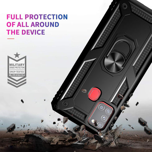 for Samsung Galaxy A21s Case with Tempered Glass Screen Protectors, Military-Grade Metal Ring Kickstand 15ft Drop Tested Shockproof Cover for Sams...