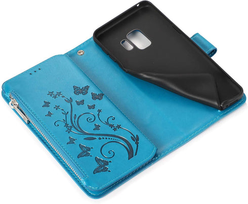 UEEBAI Wallet Case for Samsung Galaxy S9, Premium PU Leather Magnetic Closure Flower Pattern Handbag Zipper Pocket Case Kickstand Card Holder Slot...