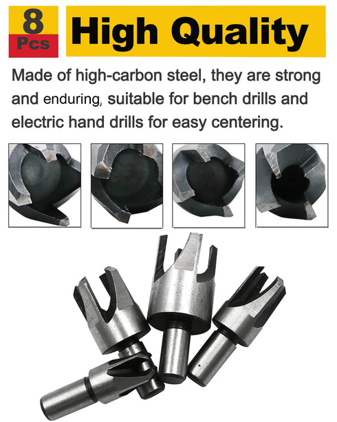 Rocaris 8pcs Wood Plug Cutter Drill Bit Set Straight and Tapered Taper Cutting Tool Cork Drill Bit Knife 6mm 10mm 13mm 16mm...