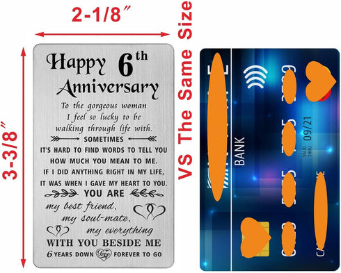 TANWIH 6th Anniversary Card for Wife - 6 Years Down Forever to Go - 6 Year Iron Wedding Anniversary Card Gifts for Her Women, Engraved Metal Walle...