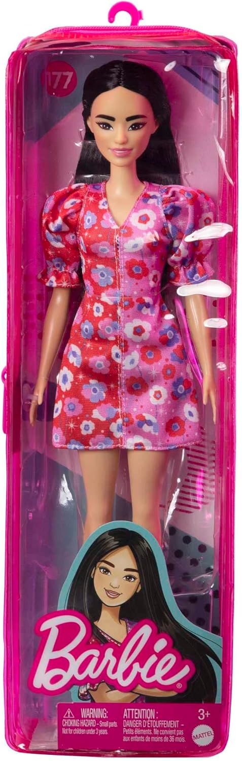 Barbie Fashionistas Doll #177 with Long Black Hair & Color Block Floral Dress & Accessories Including Strappy Purple Heels & Butterfly Ring...