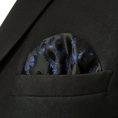 S&W SHLAX&WING Navy Pocket Square Black Patterned Handkerchief for Men Silk...