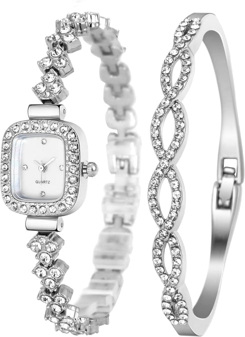 Clastyle Elegant Watch and Bracelet Set for Women Rhinestone ling Iced Out Wrist Watch Mother of Pearl Ladies Bracelet Watches...