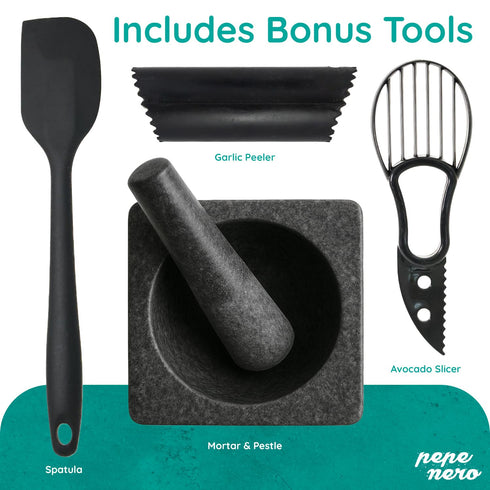 Pepe Nero Large Granite Mortar and Pestle Set - Heavy Duty Stone Grinder Bowl, Non Slip Base (Black, 5.5")...