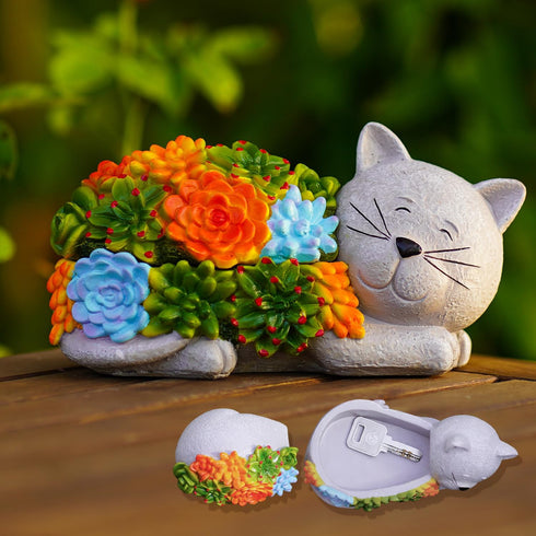 Outdoor Cat Key Hider Statue - Cute Succulent Cat Hide a Key Outdoor Decorative - Small Gift Box for Women, Home Decor & Cat Gifts (Cat)...