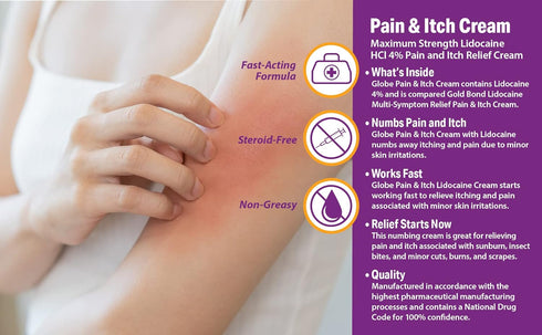 Globe Lidocaine 4% Multi-Symptom Relief Cream 1.75 oz, Numbs Away Pain & Itch, Steroid Free Non-Greasy Formula (Compare to Gold Bond w/Lidocaine)...