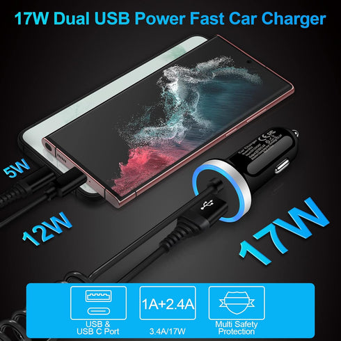 Android Car Charger Type C Cigarette Lighter Adapter with USB C Coiled Fast Charging Cable for Samsung Galaxy A15/A14 5G/A54/A53 5G/A23/A13/A03S/Z...