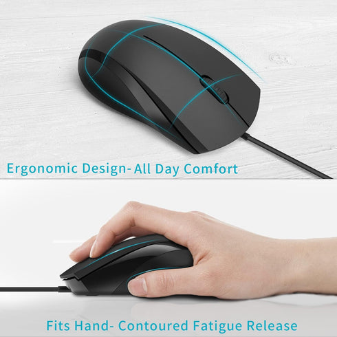 Rapoo Silent Wired Mouse, 1000 DPI 5ft Cord Quiet Button Optical Computer Mouse, Left Right Hand Use, for Laptop Chromebook Mac Notebook, Matte Bl...
