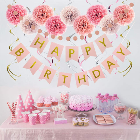 Rose Gold Birthday Decorations Kit - 20-Pc Set with Pre-Strung Happy Birthday Banner, Tissue Paper, Garland & Swirls | Rose Gold Party Supplies fo...