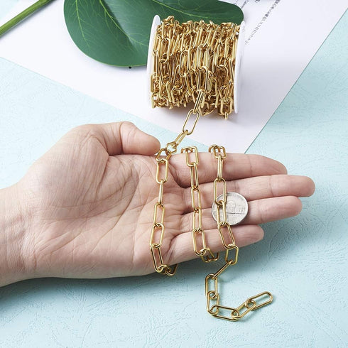 Pandahall 16.4 Feet 304 Stainless Steel Paperclip Chains Necklace Golden Plated 17x7x1.6mm Unwelded Strong Oval Cable Chains Links with Spool for ...