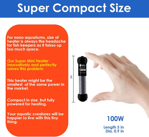 AquaMiracle Upgraded 100W Small Aquarium Heater Fish Tank Heater Turtle Heater Super Mini Aquarium Heater, Dry-Run/Overheating Protection and Memo...