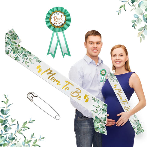 Neutral Sage Green Mom to Be Sash Baby Shower Dad To Be Pin, Gold Glitter Letters Eucalyptus Leaves Greenery Satin Sash Corsage for Pregnant Mommy...