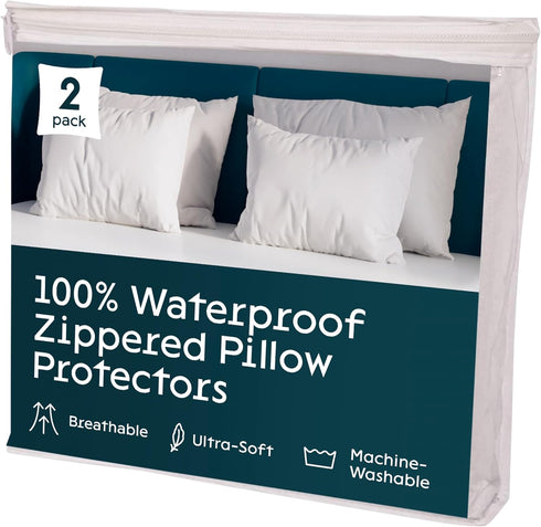 2 Pack Waterproof Pillow Protectors Standard 20x26 Inches Smooth Zipper Premium Encasement Covers Quiet Cases Set White 100% Liquid Protection...