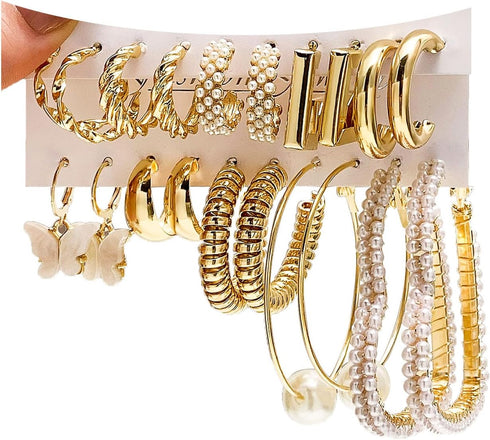 10 Pairs Gold Hoop Earring Set For Women Chunky Earrings Multipack, Hypoallergenic Trendy Big Samll Stud Earring Lightweight Twisted Pearl Ear Pac...
