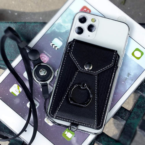 Cell Phone Card Holder,Card Holder for Back of Cell Phone with Ring Grip Stand,Adhesive Stick-on Credit Card Wallet Pocket with Detachable Neck St...