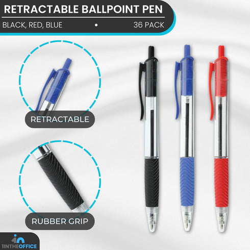 1InTheOffice Retractable Ballpoint Pen, Medium Point, 1.0mm, 12 Black, 12 Blue & 12 Red Pens, 36 Pack...