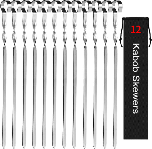 Kabob Skewers 14" Stainless Steel Long BBQ Barbecue Skewers, Flat Metal Kebob Sticks Wide Reusable Grilling Skewers for Meat Chicken, Set of 12pcs...