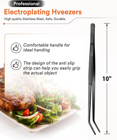 Curved Kitchen Tweezers, Stainless Steel Long Tweezer Tongs, Professional Chef Tweezers for Cooking, Repairing, Sea food and BBQ (Black, 10 inch)...