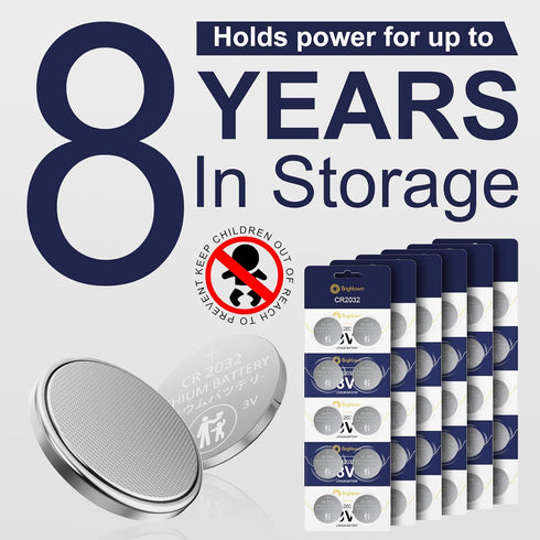 Brightown CR2032 Batteries, 3V Lithium Coin Cell Batteries, CR2032 Button Batteries for Small Electronic Devices, Watches, Key Fobs, Smart Sensors...