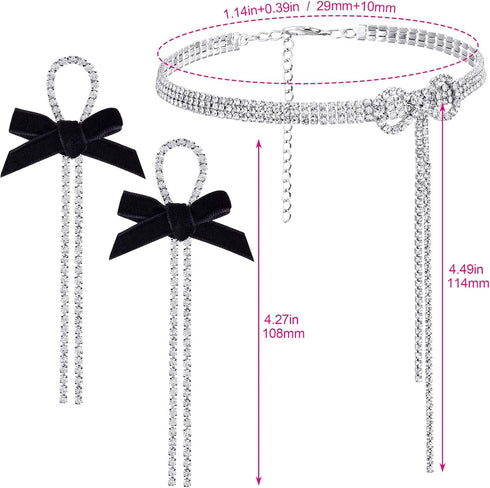 PAGOW 3pcs Rhinestone Silver Necklace Choker, Sparkly Crystal Bling Black Bowknot Earring Pendant Set Diamond Chain Nightclub Wedding Brithday Par...