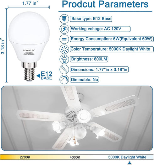 comzler Ceiling Fan Light Bulbs Candelabra LED Bulbs - 60 watt Equivalent, 5000K Daylight White Candelabra E12 Base A15 Small Light Bulbs,600lm,No...