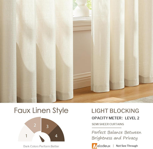 Melodieux Beige Semi Sheer Curtains 63 Inch Length for Bedroom Living Room, Farmhouse Linen Texture Light Filtering Home Office Shiny Sheer Drapes...