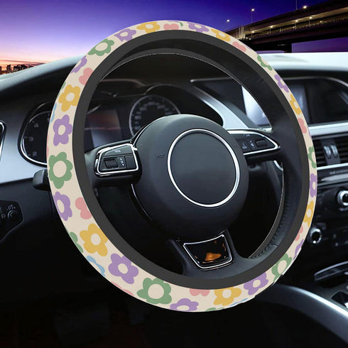 5 Pack, Flowers Vintage Groovy Steering Wheel Cover Universal 15 Inch, Vintage Groovy Flowers License Plate Frames 2 Holes with Screw Caps, Car Cu...
