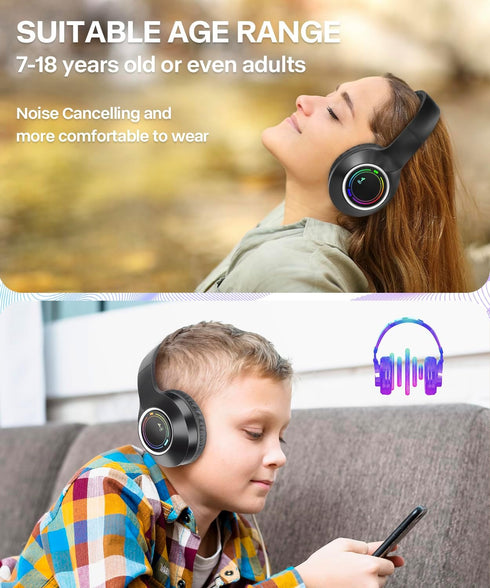 Kids Bluetooth Headphones, Wireless Headphones for Kids, Built-in Microphone, LED Lights, Noise Cancelling for Boys Girls Ages 6-18 or Adults (Bla...