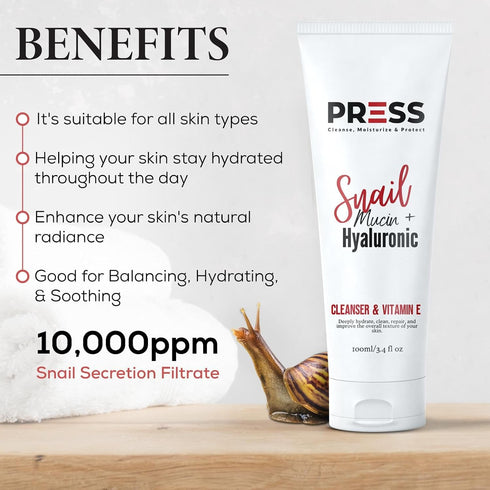 PRESS Snail + Hyaluronic + Vitamin E Mucin Facial Cleanser | Skincare Cleanser Effective for Cleansing and Refreshing Skin 6 oz...