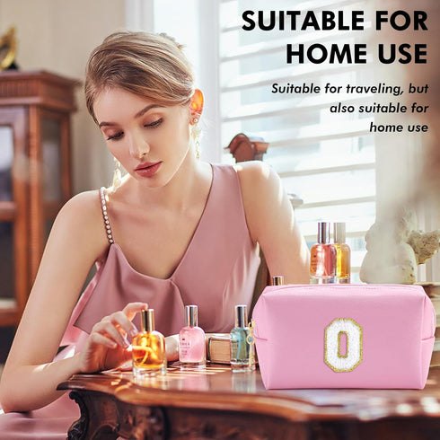 Initial Makeup Bag Personalized Preppy Travel Small Cosmetic Bag Cute PU Pink Chenille Letter Makeup Pouch for Purse Waterproof Zippered Toiletry ...