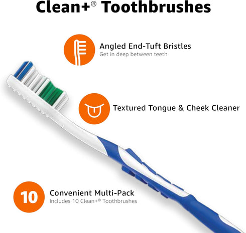 Amazon Basics Clean Plus Toothbrushes, Soft, Full, 10 Count, Assorted Colors (Previously Solimo)...