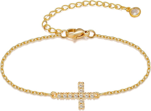 Tewiky Cross Bracelet for Women Dainty 14k Gold Cubic Zirconia Classic Tennis Bracelet Cute Gold Tiny Rope Cuban Figaro Herringbone Chain Link Bra...
