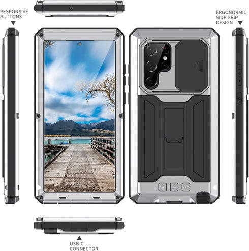 for Samsung Galaxy S22 Ultra 5G Case, Aluminum Metal Gorilla Glass Waterproof Shockproof Military Heavy Duty Sturdy Protector Cover Hard Case,with...
