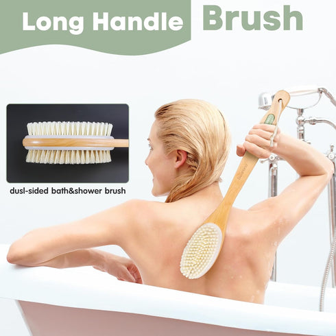 Body Scrubber with Soft and Stiff Natural Bristles, Dual-Sided Long Handle Shower Brush,Back Scrubber,Body Exfoliator for Bath or Dry Brush,Bath B...