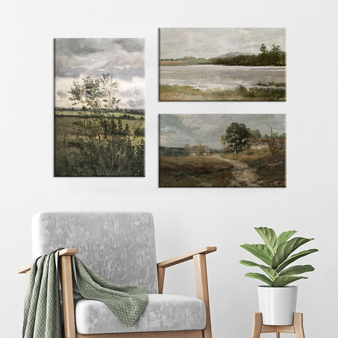 Field Landscape 3 Pieces Split Print Wall Art, Vintage Printed Country Landscape Painting, Oil Painting Mural Art, Nature Landscape Wall Art Print...