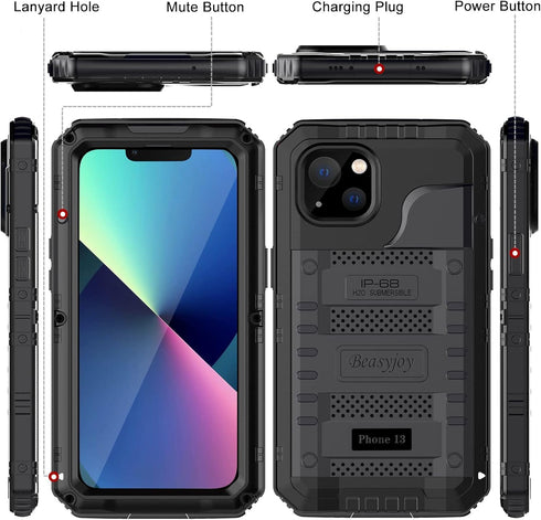 Beasyjoy for iPhone 13 Case Waterproof, Metal Phone Case with Built-in Screen Protector, Heavy Duty Full Body Protective Military Grade Shockproof...