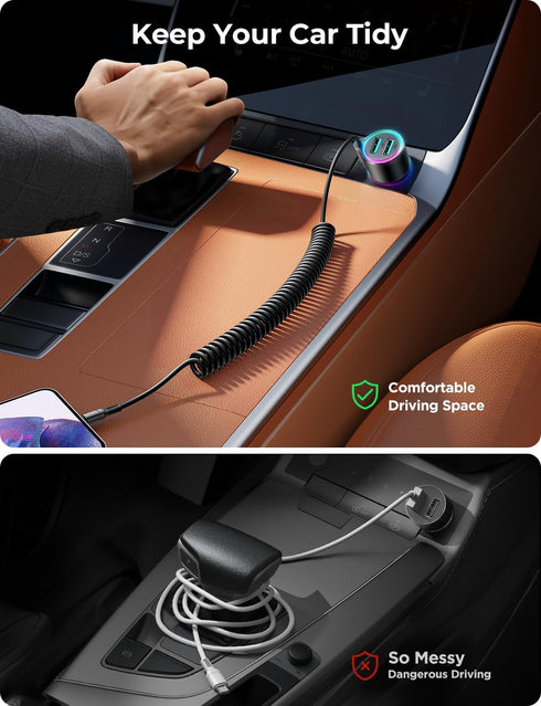 3.4A Car Phone Charger, FLYLEAD Dual USB Car Charger Adapter with 5FT Type C Coil Charging Cable, Cigarette Lighter USB C Fast Charge for iPhone 1...